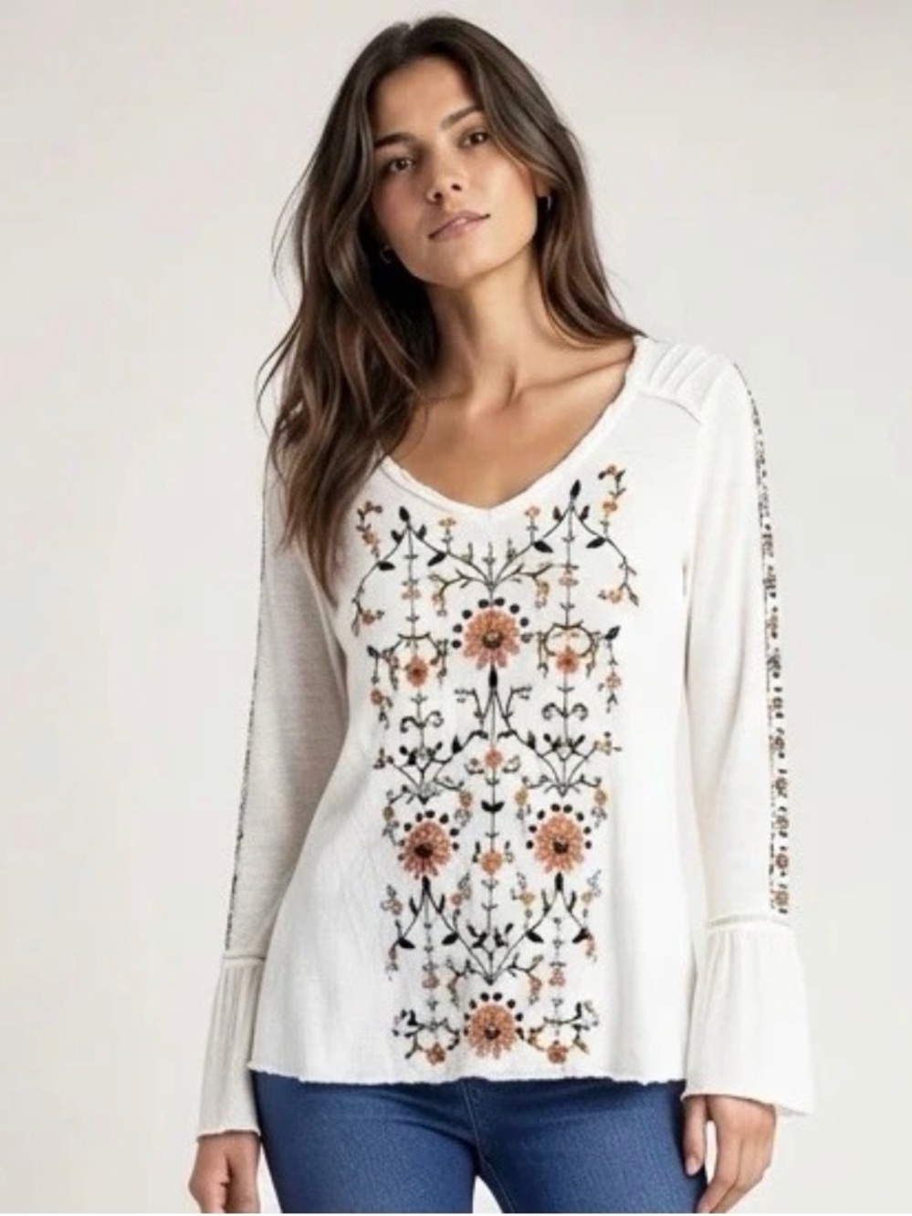 Sundance Embroidered Floral Long Sleeve Top V Neck Cotton White Multicolor XS
